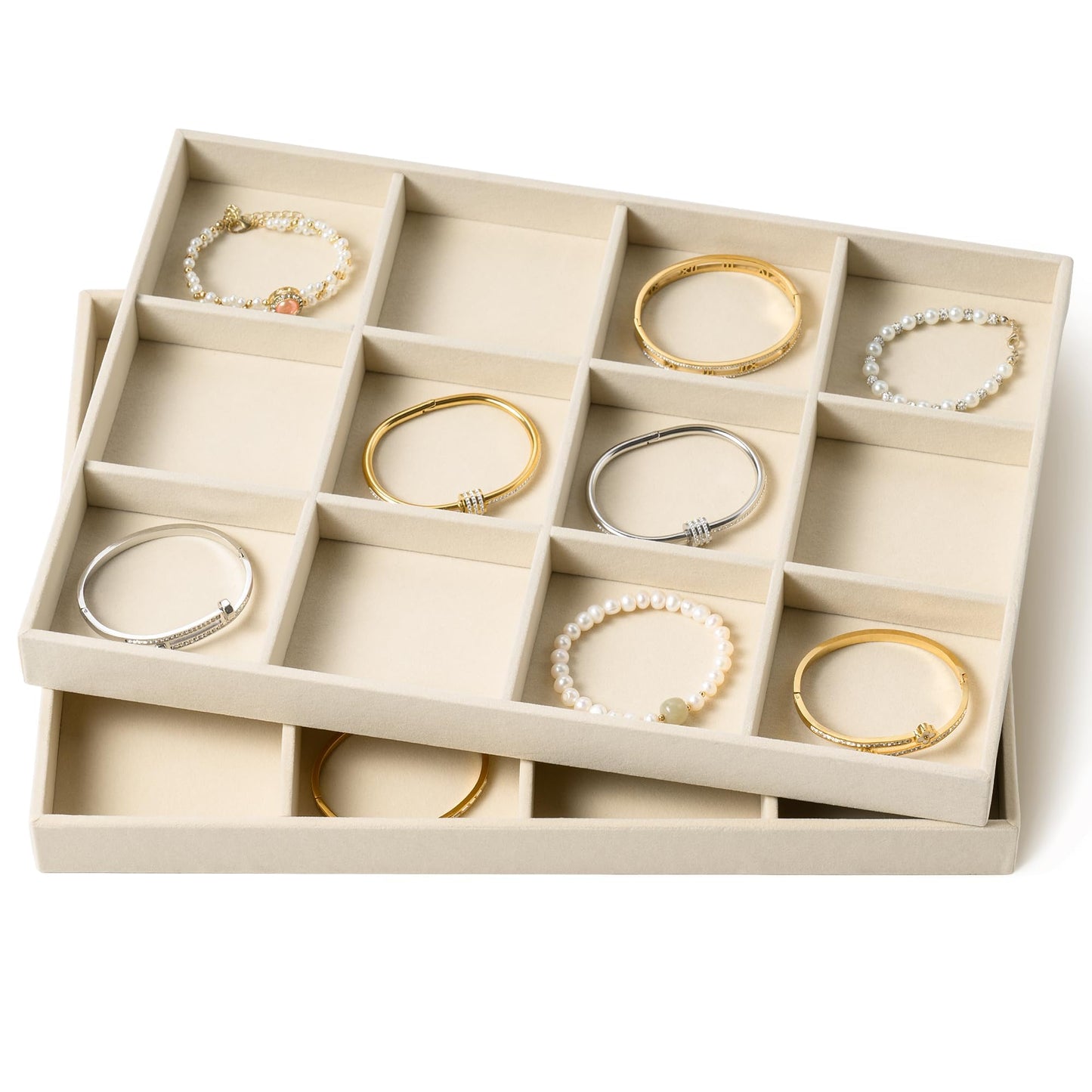 pickpiff Drawer Jewelry Organizer & Display Trays: 2pcs 12grid Velvet Stackable Jewelry Case (13.8x9.4x1.2inch) - Soft Beige Necklace Holder Bracelet Display Watch Box