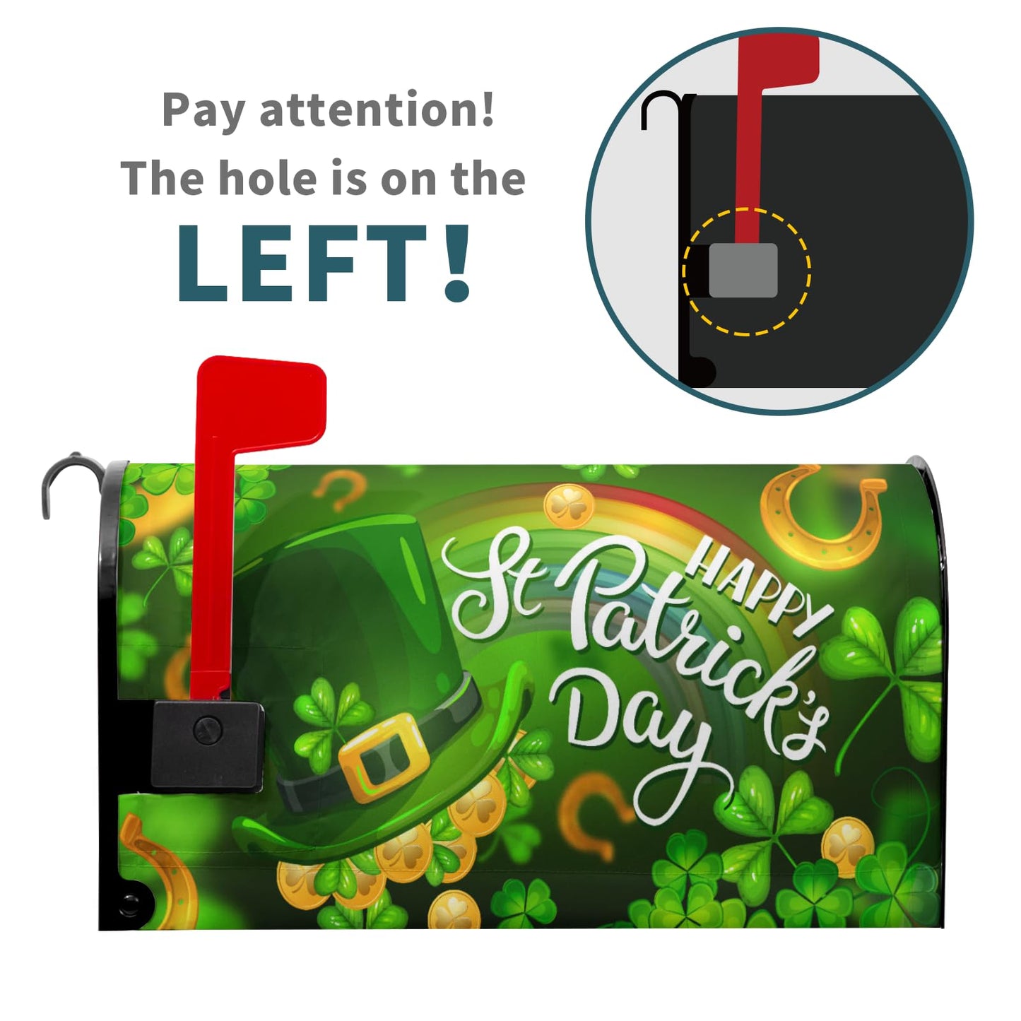Happy St. Patrick's Day Shamrock Clovers Rainbow Green Hat Mailbox Cover - Magnetic, Standard Size 18" X 21"