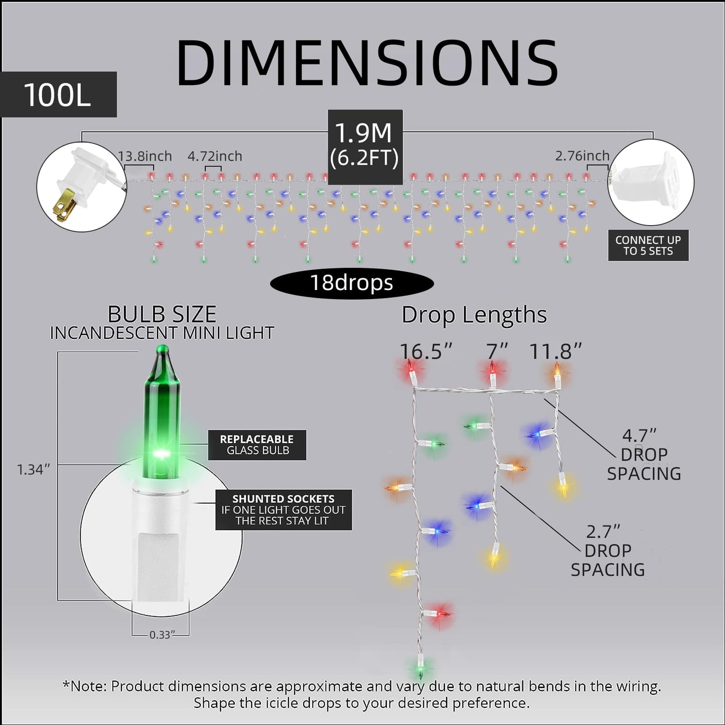LAMPHOME 6.2FT 100 Multicolor Icicle Lights, White Wire, Indoor/Outdoor Christmas & Holiday Lights
