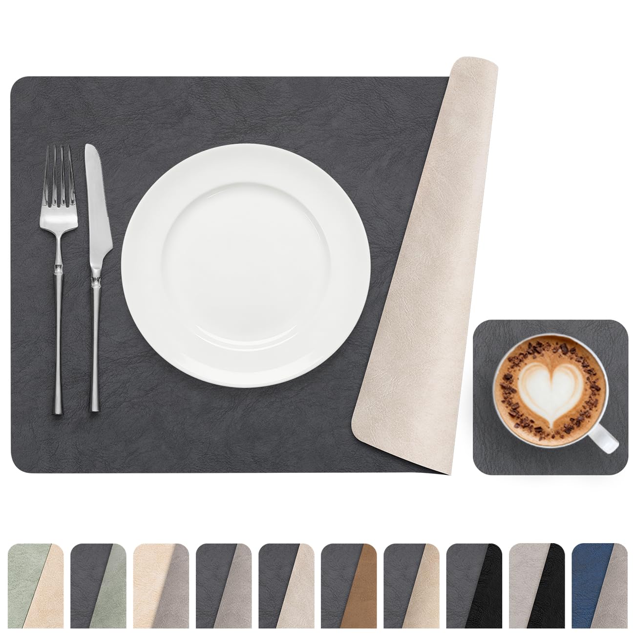 Banchif Dual-Sided Two-Tone Vinyl Placemats Set of 6 with Coasters, 12x17 Inch - Waterproof Faux Leather Table Mats, Heat Resistant Washable Wipeable Place Mats for Kitchen Dining, White/Dark Gray