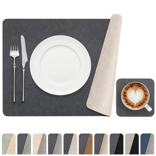 Banchif Dual-Sided Two-Tone Vinyl Placemats Set of 6 with Coasters, 12x17 Inch - Waterproof Faux Leather Table Mats, Heat Resistant Washable Wipeable Place Mats for Kitchen Dining, White/Dark Gray