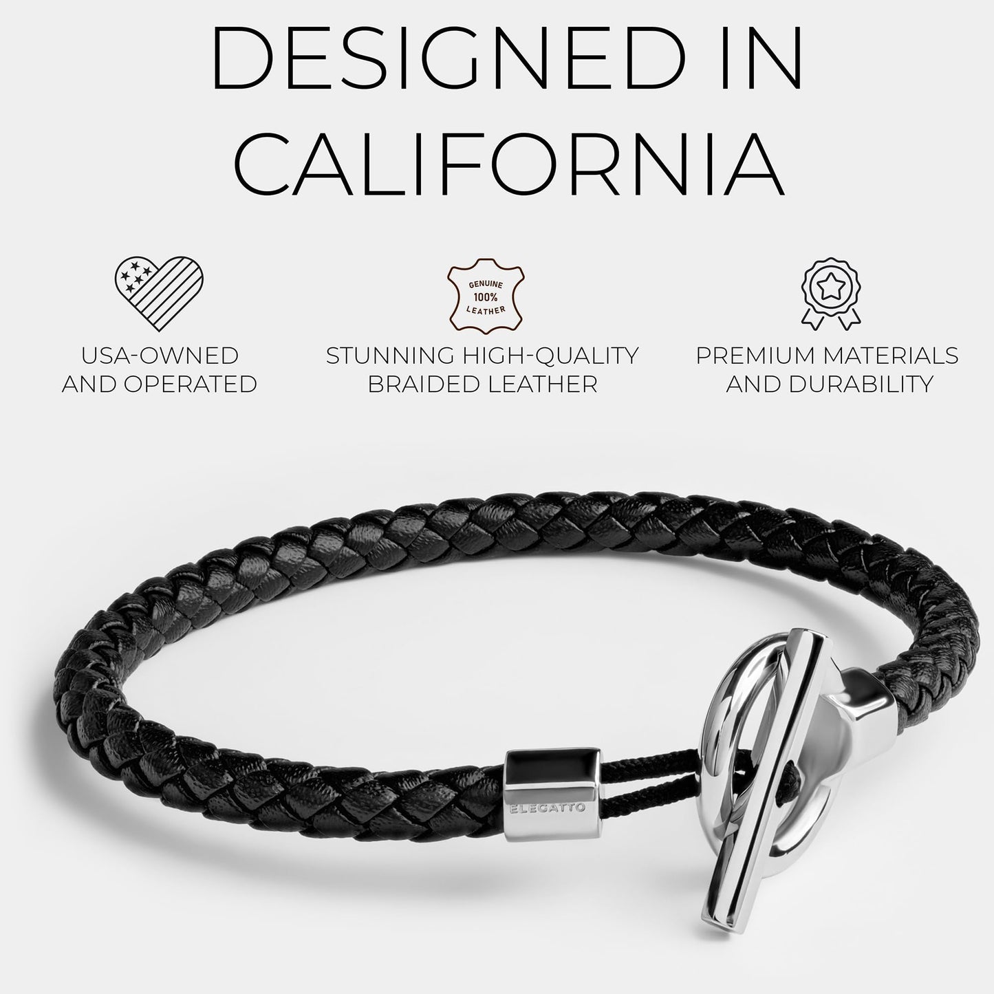 Elegatto Helm Premium Braided Leather Bracelet for Men | Full-Grain Braided Leather with Sterling Silver Polished Stainless Steel Toggle Clasp Closure | Men’s Designer Bracelets | Medium