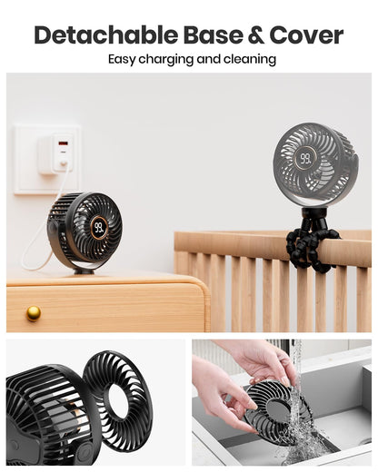 SHEWIND Stroller fan, 4000mAh Portable Battery Operated Smal Clip on Fan, 4 Speed Rechargeable Mini Personal Cooling, Travel for Baby Car Seat Crib (Black)