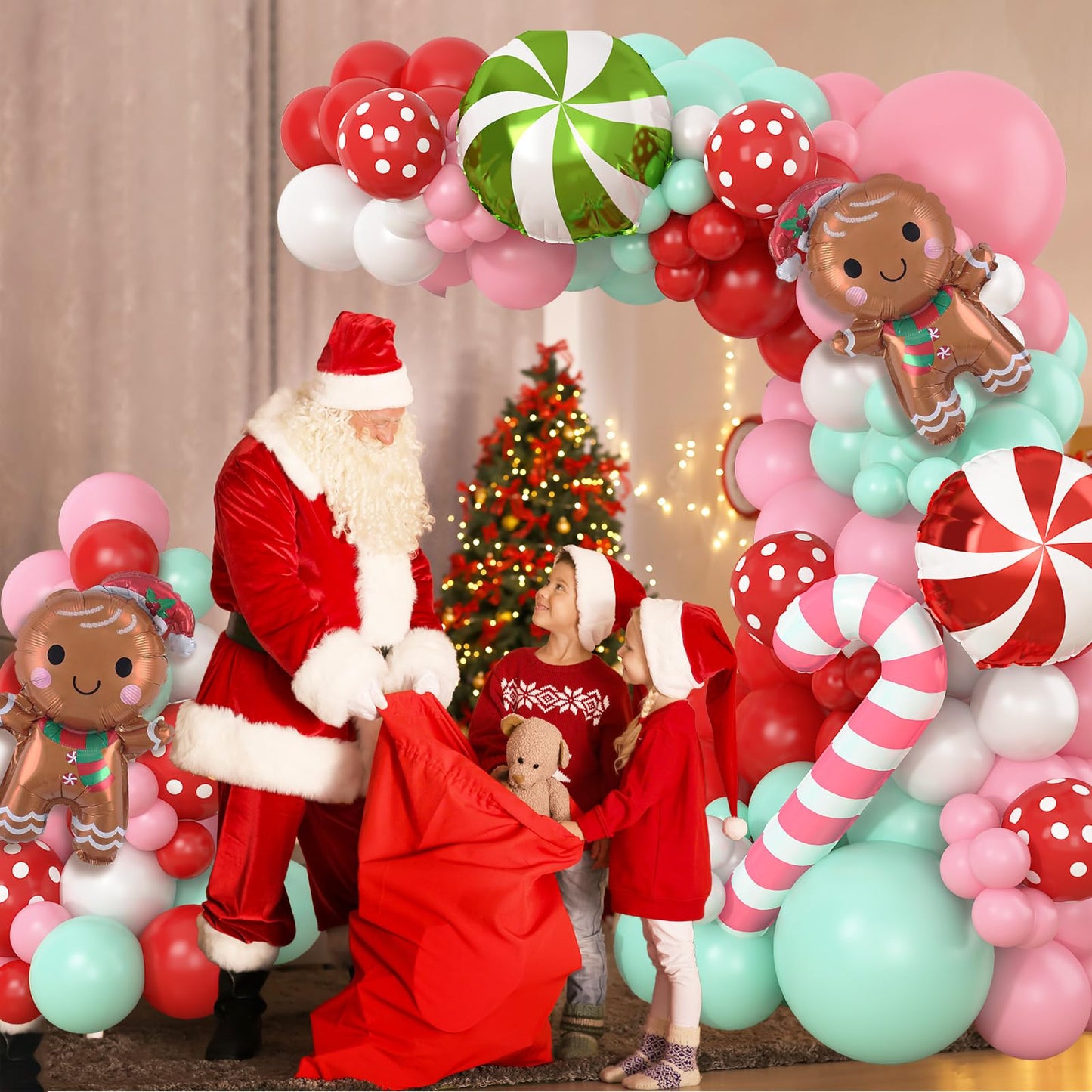 Gingerbread Balloon Garland Kit 139Pcs Pink Red Green White Christmas Balloons Arch with Gingerbread Man Candy Cane Foil Balloon New Year Xmas Cookie Exchange Gingerbread House Party Decorations