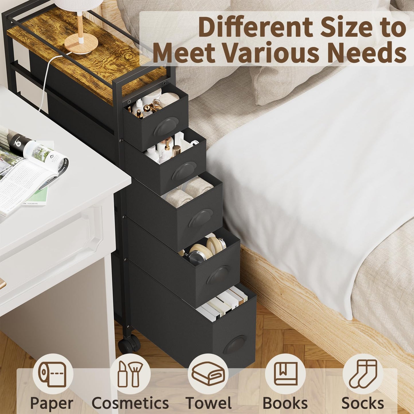 LASZOLA 5 Drawer Narrow Dresser Slim Cabinet Skinny Storage Tower Chest, Ideal for Small Spaces Bathroom, Between Washer and Dryer, Lightweight Mobile on Wheels, Sturdy Fabric Drawers, Black