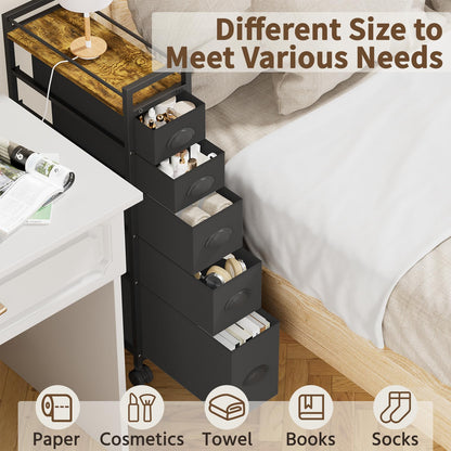 LASZOLA 5 Drawer Narrow Dresser Slim Cabinet Skinny Storage Tower Chest, Ideal for Small Spaces Bathroom, Between Washer and Dryer, Lightweight Mobile on Wheels, Sturdy Fabric Drawers, Black