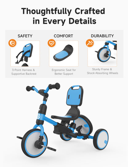 besrey 5-in-1 Toddler Tricycle with Push Handle, Grow with Me Kids Trike for 1-3 Years, Balance Bike & Tricycle, Adjustable Parent Steering, Safety Seat with Backrest