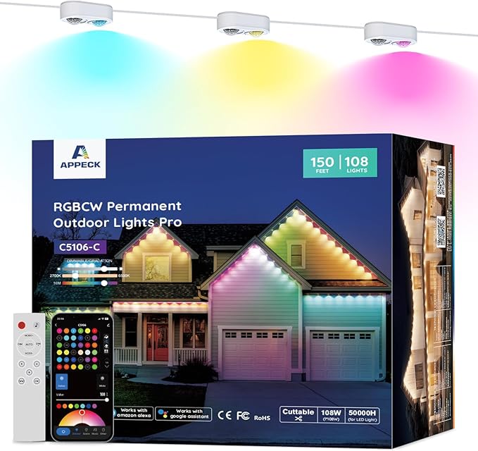 APPECK Permanent Outdoor Lights Pro 150ft, 108W RGBCW Eaves Lights with 108 LED Lights, 80lm, Cuttable, 111 Scene Modes, IP67 Waterproof Lighting for Halloween Decoration, Work with Alexa, White