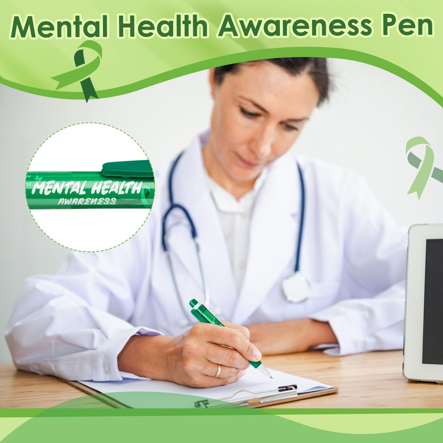 Lincia 50 Pcs Mental Health Awareness Items Green Ribbon Message Pens World Mental Health Day Retractable Ballpoint Pen for School Nonprofit Organization Charity Classroom Supply 1.0 mm Black Ink