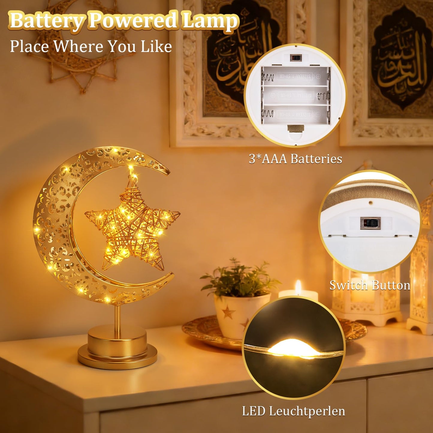 Half Moon Light Metal Ramadan Star Decorative Lamp - Battery Operated, Eid Decorations, Moon Night Light for Kids