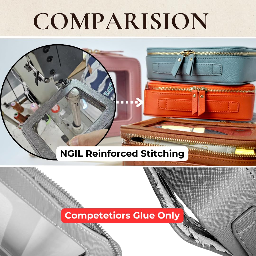 NGIL Clear Faux Leather Travel Toiletry Bag, Makeup Bag Organizer for Women, Clear Window & Gold Zipper Makeup Bag, Road Trip Essential, Skincare, Cruise Ship Essentials (Brown)