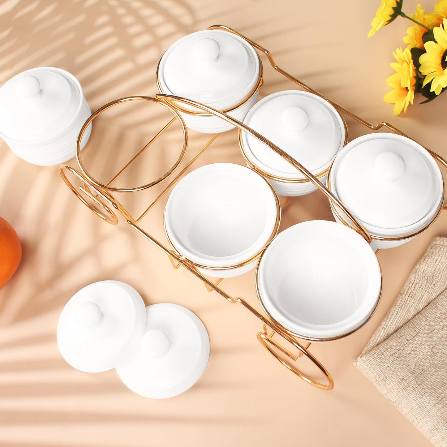 Creativity Home Ceramic Candy Bowls, Condiment/Sugar bowls gold basket Tray, 6 Removable small bowls With cover, For Snack, Dried fruits, nuts, candies and condiments - for parties, Holiday gift