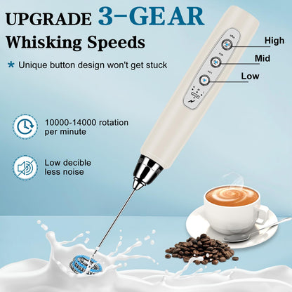 Milk Frother Handheld for Coffee, Electric Whisk 3 Speed Adjustable, Drink Mixer with Stainless 3 Whisks, Rechargeable Hand Frother Wand, Foam Maker for Latte Cappuccino Matcha Egg Silver