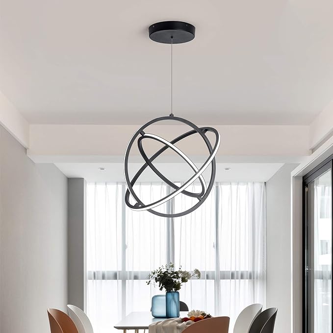 Modern LED Pendant Light Dimmable Creative Chendalier Adjustable Hanging Pendant Lighting Circle 3 Rings 6000K Cool Light Fixture for Dining Room Bedroom Kitchen Island Hall 80W (Black)