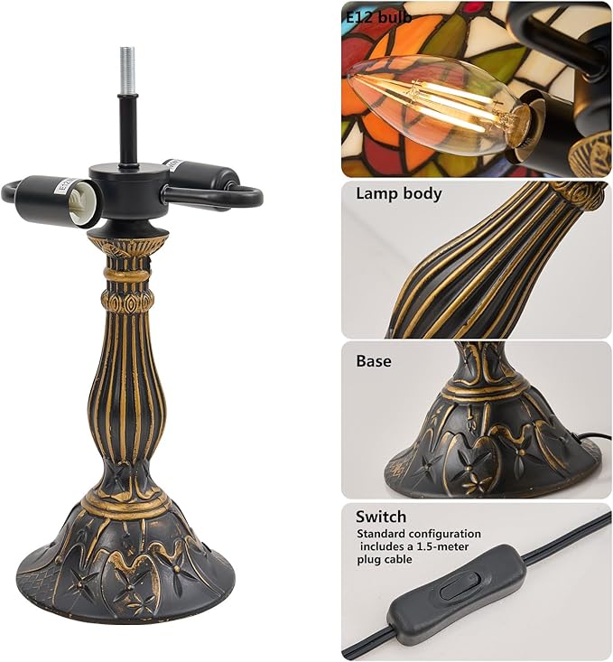 Tiffany Style Table Lamp, Vintage Style Desk Lamp with Stained Glass Shade, Mid Century Modern Bedside Nightstand Decorative Lamps Unique Accent Light for Bedroom Living Room ect