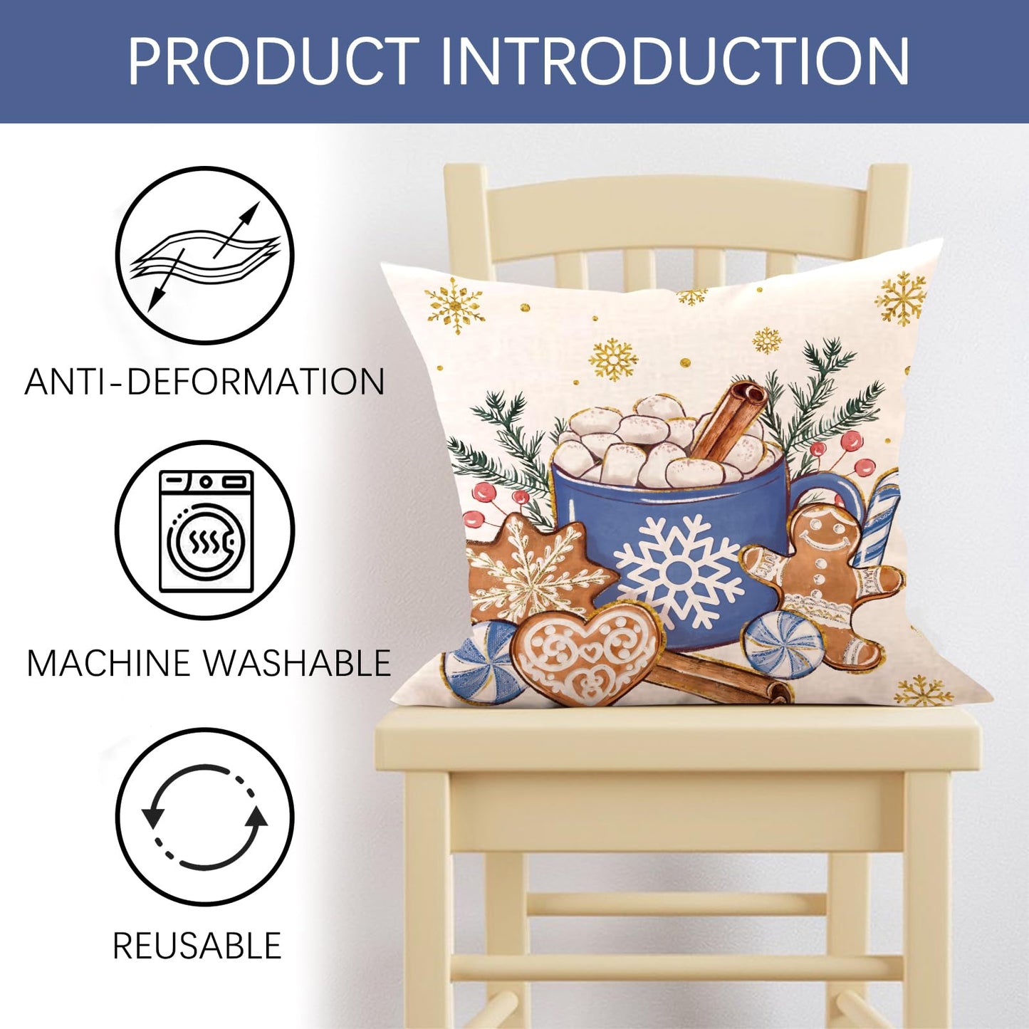 Fjfz Hello Winter Dark Blue Decorative Throw Pillow Covers 18 x 18 Set of 4, Christmas Get Cozy Hot Cocoa Gingerbread Man Porch Outdoor Home Decor, Snowflakes Snowman Seasonal Couch Cushion Case