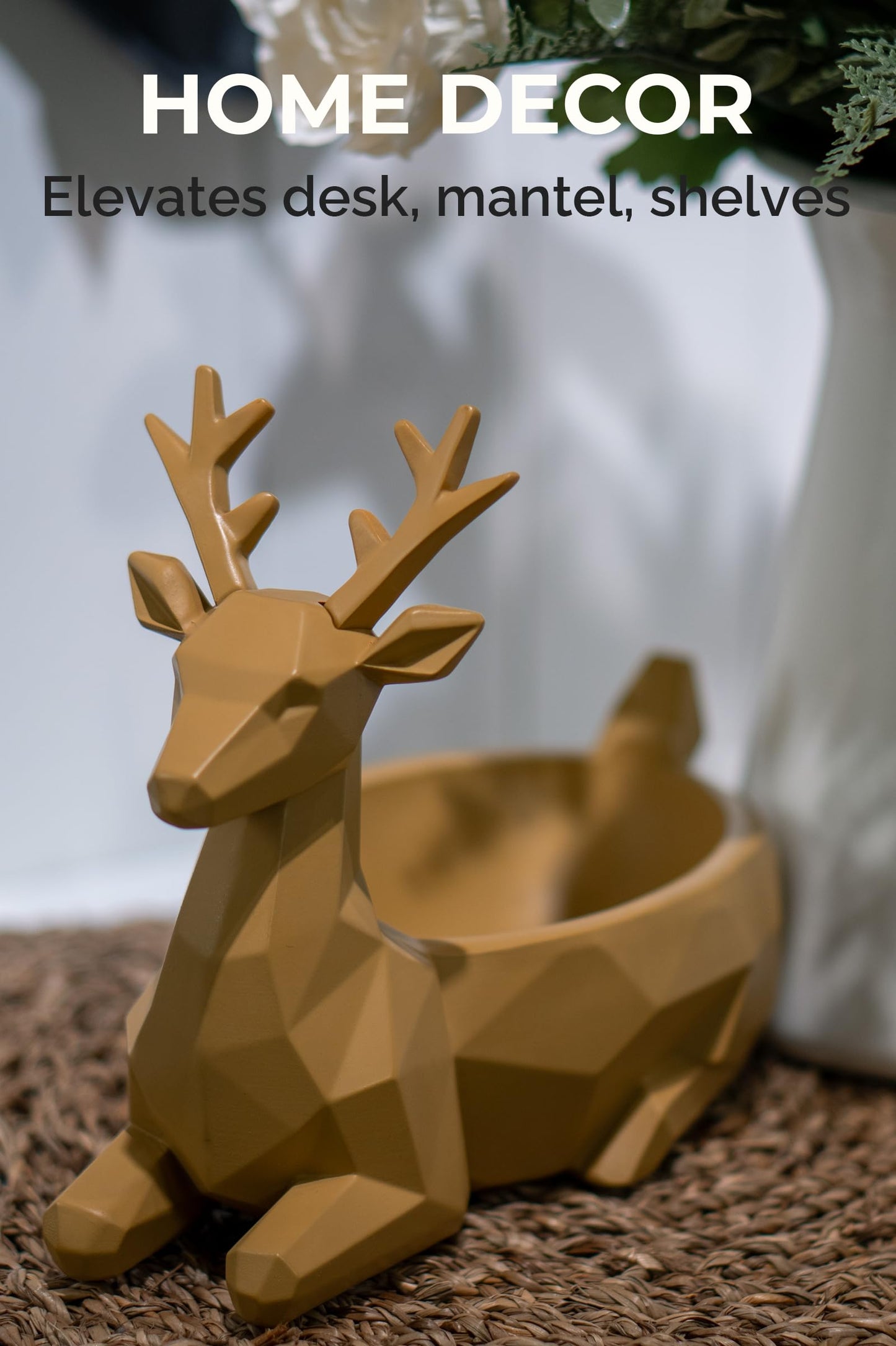 Fuzrea Low-Poly Deer Bowl, Resin Reindeer Statue, Deer Candy Dish & Key Holder, Deer Desk Decor for Living Room, Entryway, Dining Table, Office, Shelves