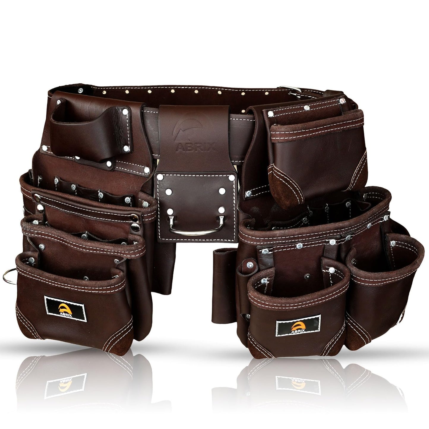 ABRIX Heavy Duty Tool Belt for Men – 4MM Thick Genuine Leather, Brass Buckle & Rivets | Foam Padded Comfort | 28-Pocket Carpenter & Framing Rig | Fits Waist 32 to 52 Inches | Professional Work Belt