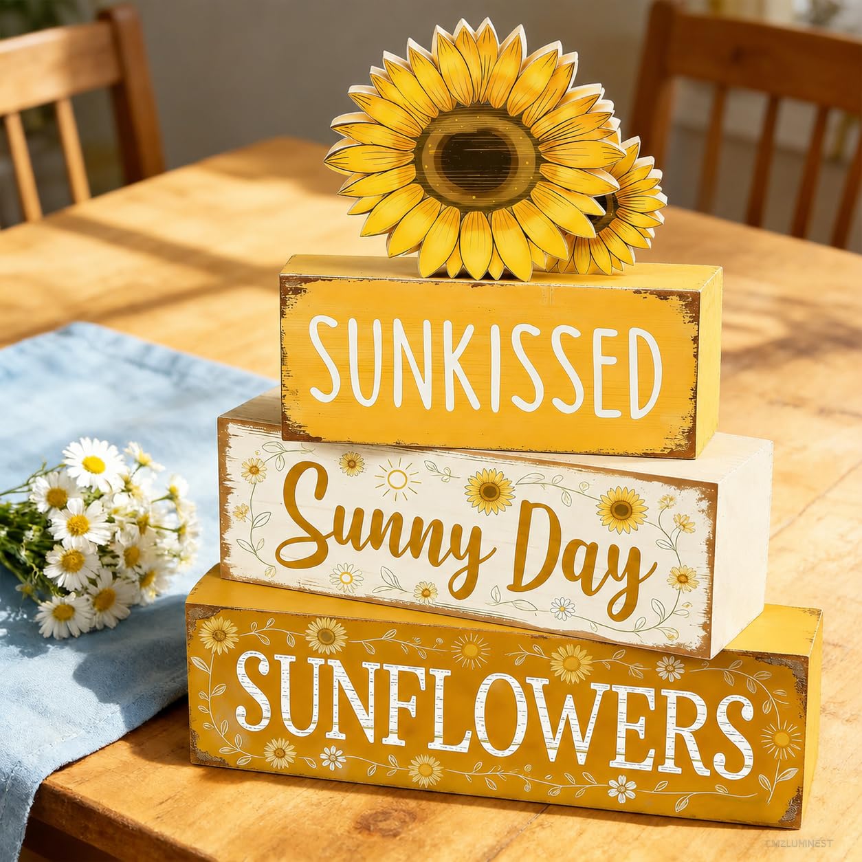 4 Pcs Sunflower Decor, Summer Rustic Farmhouse Tiered Tray Signs, Yellow Wooden Block Decorations with Sunkissed Sunny Day for Home Kitchen Office Coffee Bar Fireplace Mantel Floating Shelf