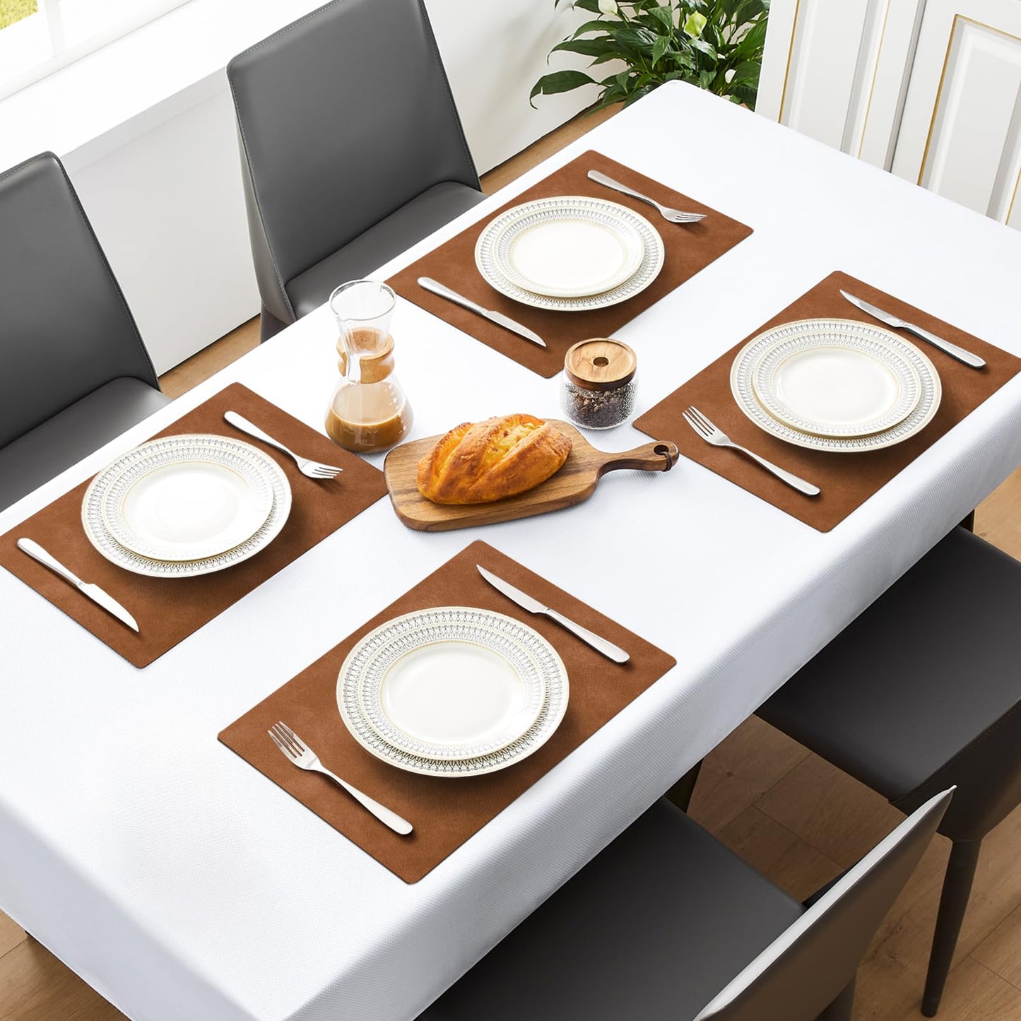 MOSAYT Vinyl Placemats Set of 6-12 X 17 Inch - Faux Leather 100% Waterproof Oil-Proof Wipeable PU Place Mats, Heat Resistant Reversible Table Mats for Kitchen, Dining, Outdoor, Reddish Brown