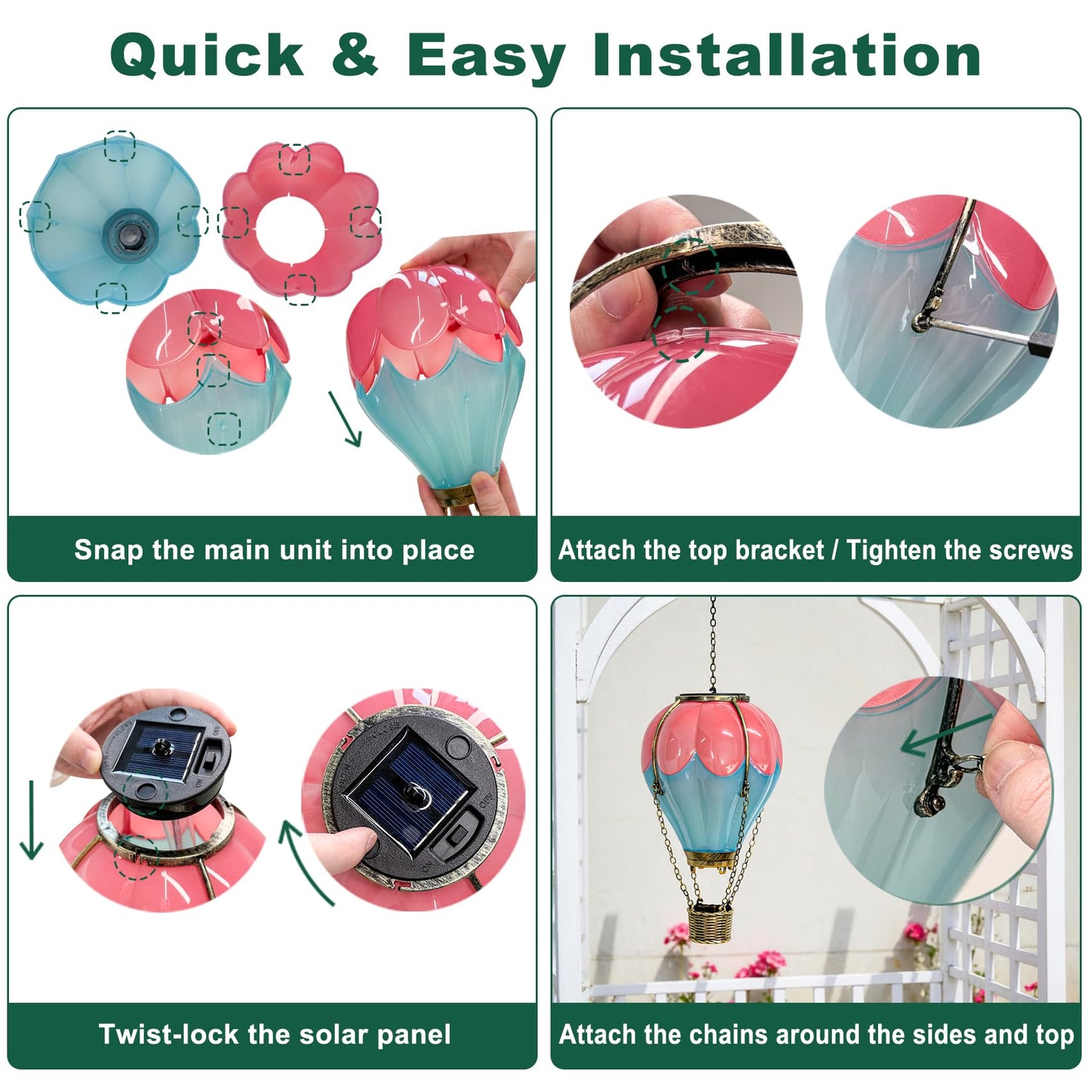 Hot Air Balloon Solar Lantern Outdoor Waterproof with Flickering Flame Light, Solar Powered Light for Garden Patio Yard Pathway Porch - Pink & Blue (1 Pack)