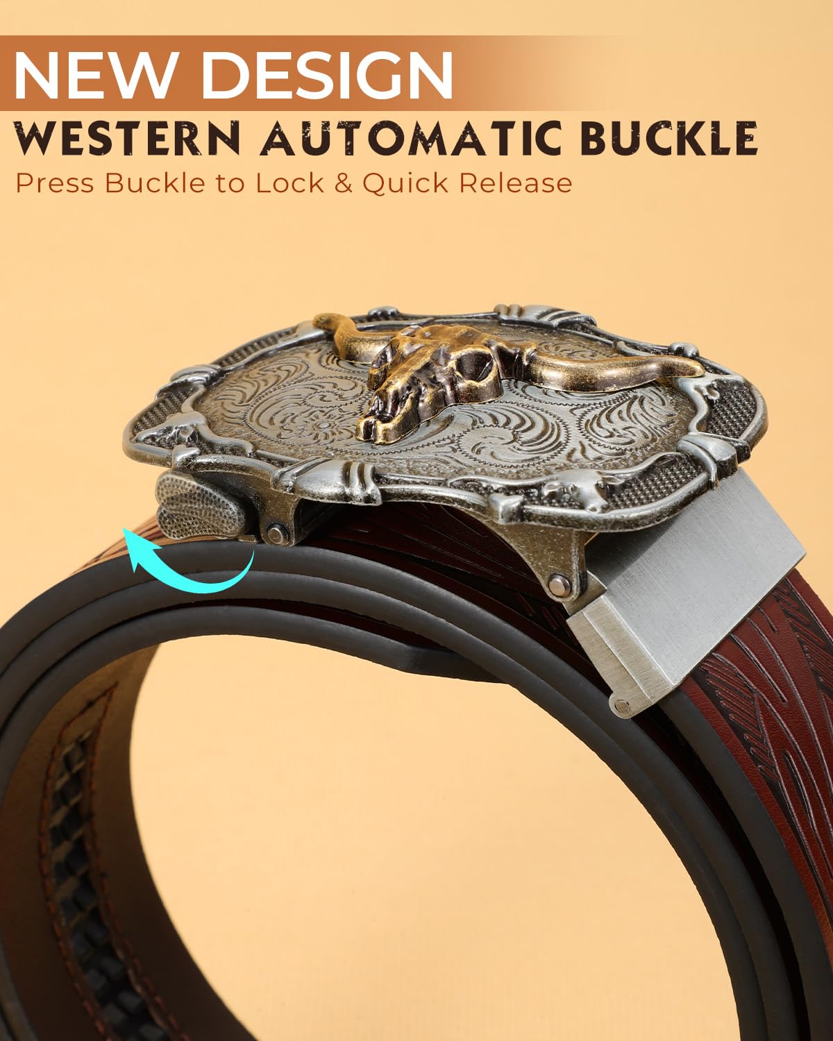 BELTROAD Mens Ratchet Western Belt Leather Cowboy Ratchet Belts for Men Leather Ratcheting Belts for Jeans Casual Adjustable Belt for Men with Automatic Cowboy Buckle Men's Belts