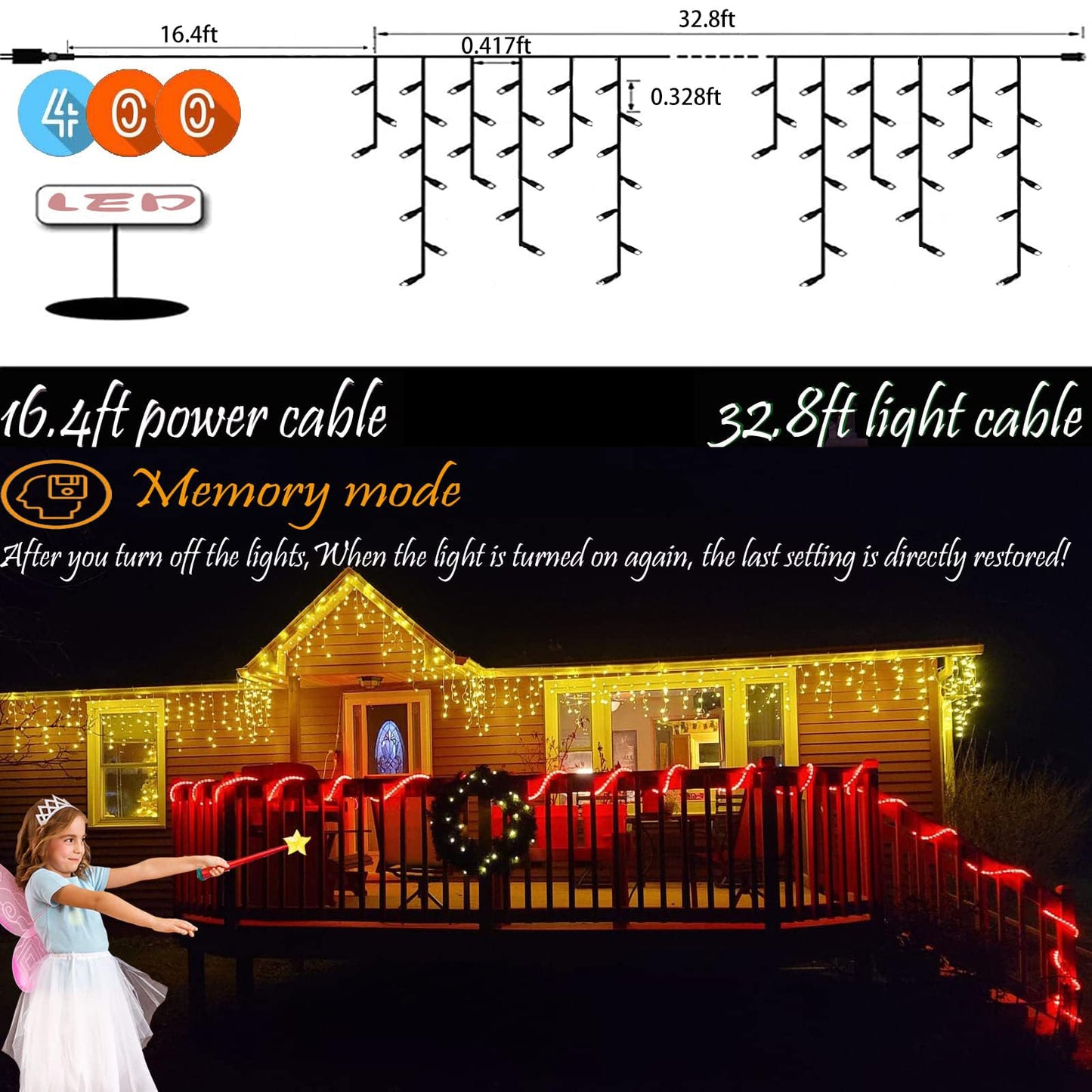 BLOFUN LED Lamps Outdoor Icicle Lights, 32.8 ft 400 LED - 8 Modes Curtain String Lights for Indoor/Outdoor, Wedding, Party, Holiday