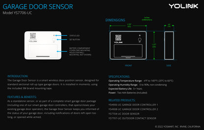 YoLink Smart Garage Door Sensor, Garage Door Position Sensor with Door Left-Open Reminders, Alexa, Google, IFTTT, Home Assistant (Hub Required)