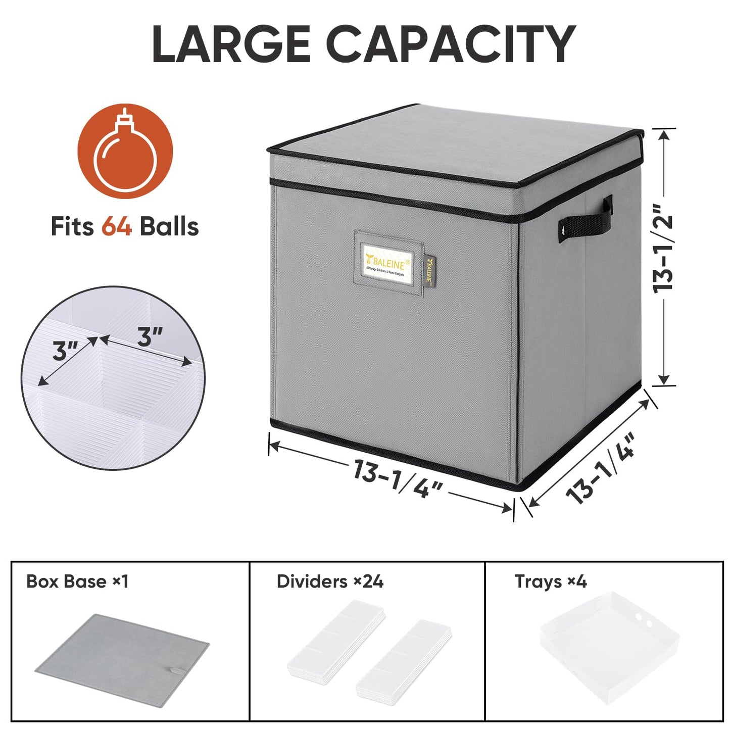 BALEINE Christmas Ornament Storage Box with Dividers, Premium Holiday Ornaments Storage Container Bin for Xmas Decorations (64 Ball, Grey, Hard)