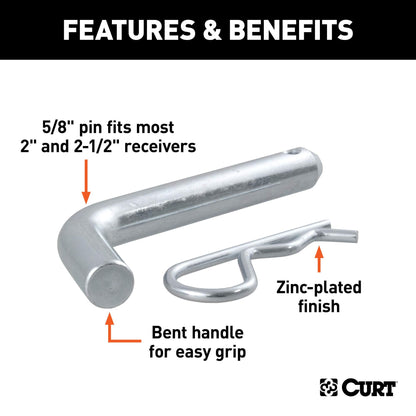 CURT 21580 Trailer Hitch Pin & Clip, 5/8-Inch Diameter, Fits 2 or 2-1/2-Inch Receiver, Clear ZINC