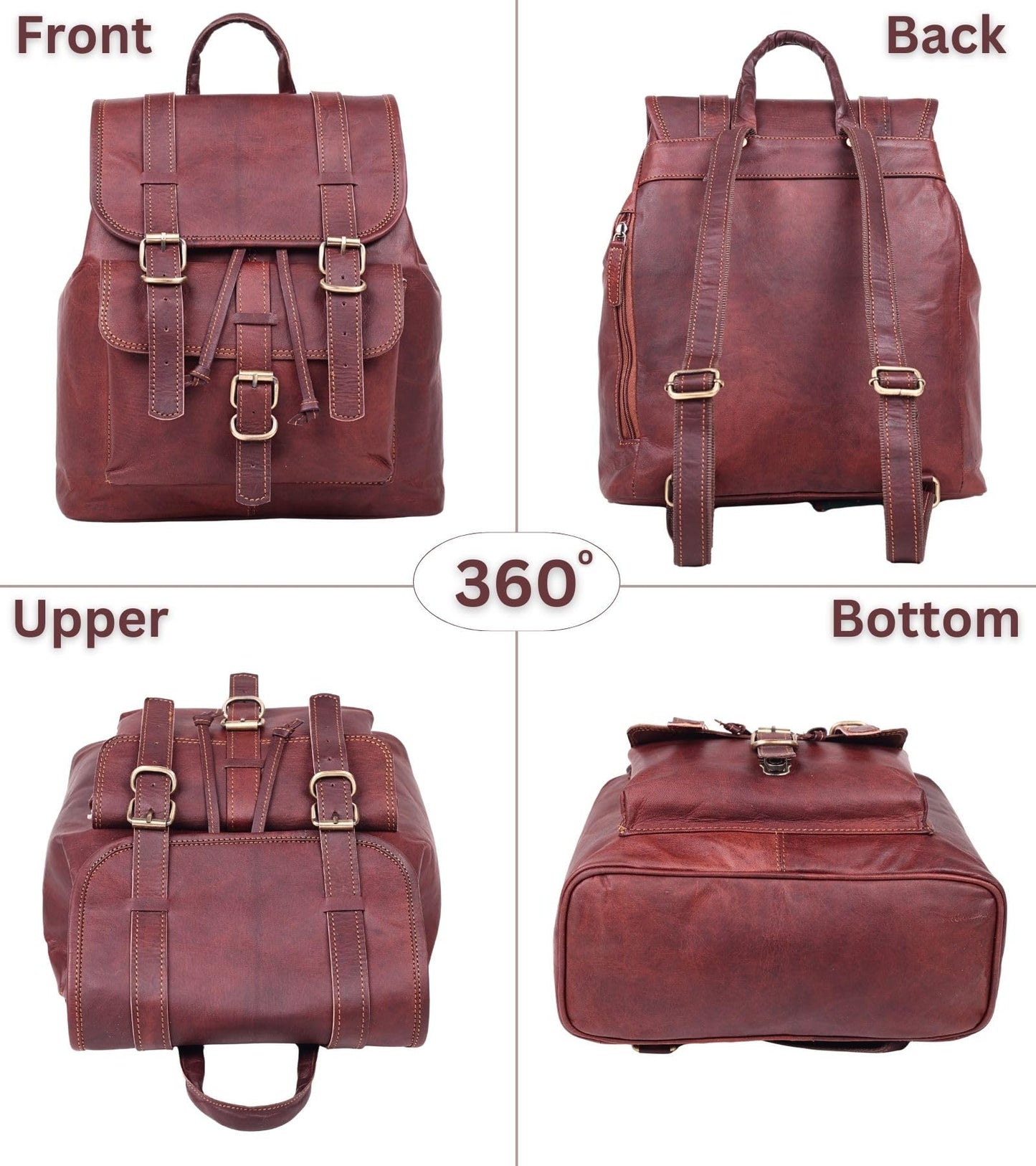 Lakshigo Womens Leather Backpack Purse – 14" Brown Vintage Genuine Leather Drawstring Rucksack Ladies Leather Bookbag for Work, Travel & Everyday Use (Brown)