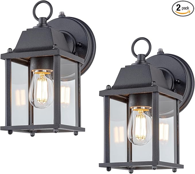 LIT-PaTH Dusk to Dawn Outdoor Wall Lantern, Wall Sconce, Waterproof Proch Light Fixture E26 Base, Aluminum Housing Glass Shade, Outdoor Rated, 2-Pack, Black