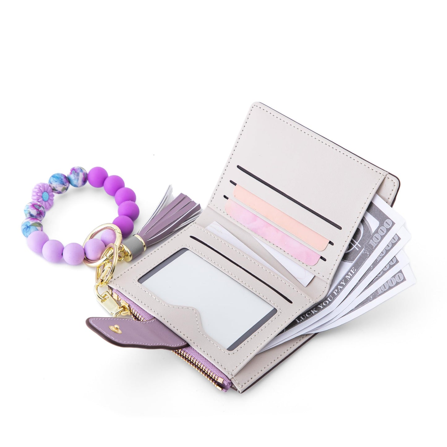 Tomolucky Direct Small Wallets for Women RFID Blocking Leather Bifold Zipper Pocket Keychain Wallet with Bracelet Flower Pattern ID Window Credit Card Holder Purse (Flower, Purple)