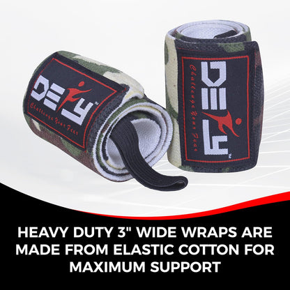 DEFY 18” Weightlifting Wrist Wraps – Professional Fitness Wrist Wraps for Men & Women with Thumb Loop - Wrist Support for Weightlifting, Strength Training, Powerlifting & Bodybuilding (Green Camo)