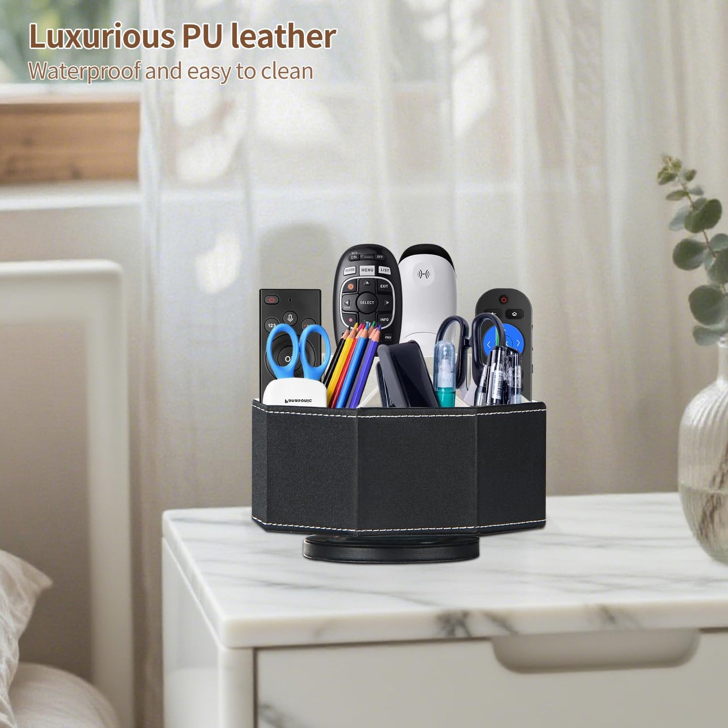 Remote Control Holder, Swivel 9 Rooms Desk Organizer and Decorations for Living Room, Leather Bedside Storage Caddy for TV Controllers/ Makeup Brush Pen/ Office Stationery/ Art Supplies/ Eyeglasses