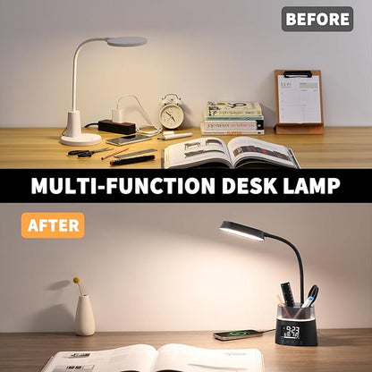 Led Desk Lamp for Home Office, Touch Table Lamp with USB Charging Port, 3 Color Modes Stepless Dimmable Reading Light, Gooseneck Lamp for Dorm Room, Bedside Study Light with Clock,Adapter Include