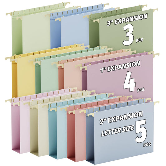 12 Pack Hanging File Folders Extra Capacity, Letter Size, Assorted Colors, 1", 2", 3" Expansion, Heavy Duty Plastic Hanging Folders with Tab for Office Home School File Cabinet Organizer Storage
