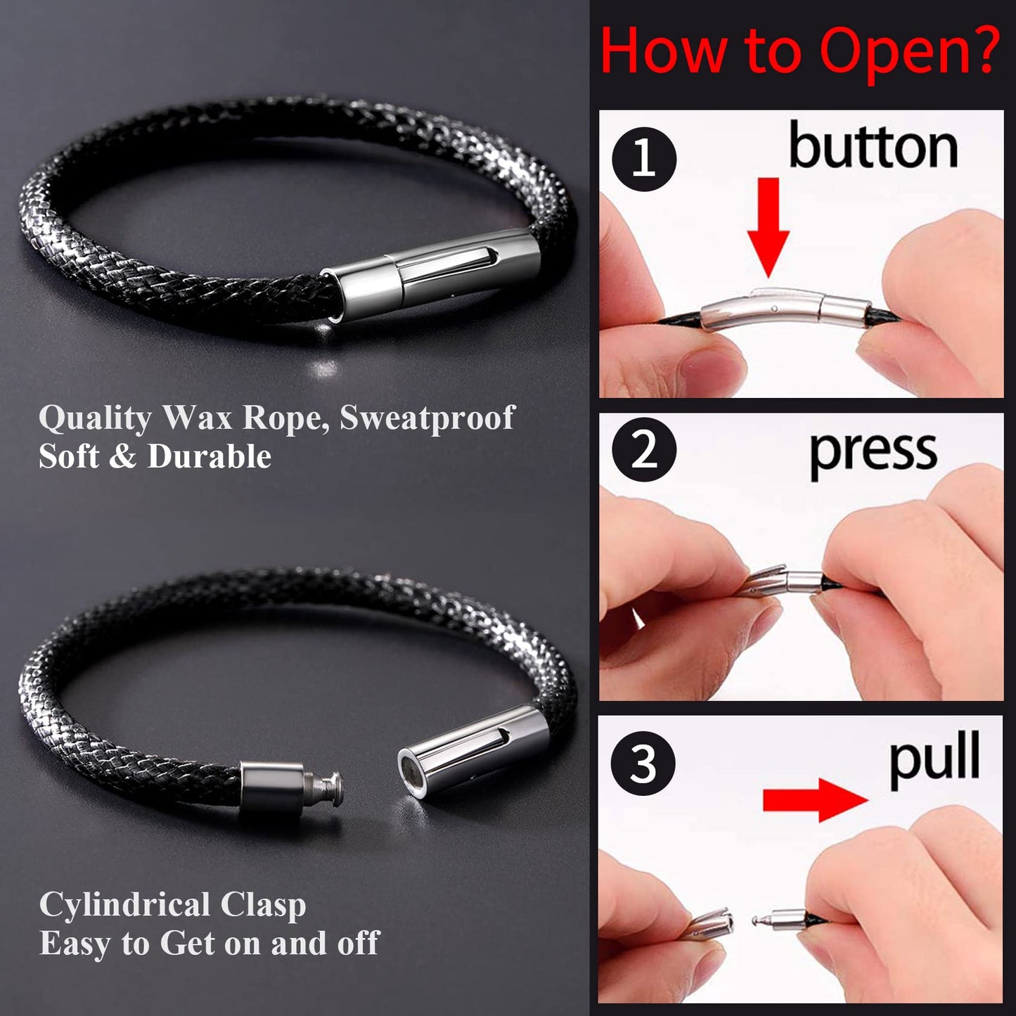 ChainsHouse Leather Bracelet for Men Women 5mm 7.0 inch Waterproof Wristband Bracelet Male Gift