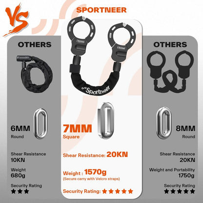 Sportneer Scooter Lock: 7mm Square Chain Anti-Theft Cut Resistant Bike Lock with 3 Keys, 2.46ft/75cm Heavy Duty 3 Position Adjustment Bike Chain Lock for E-Bike/Electric Scooters, Door, Gate