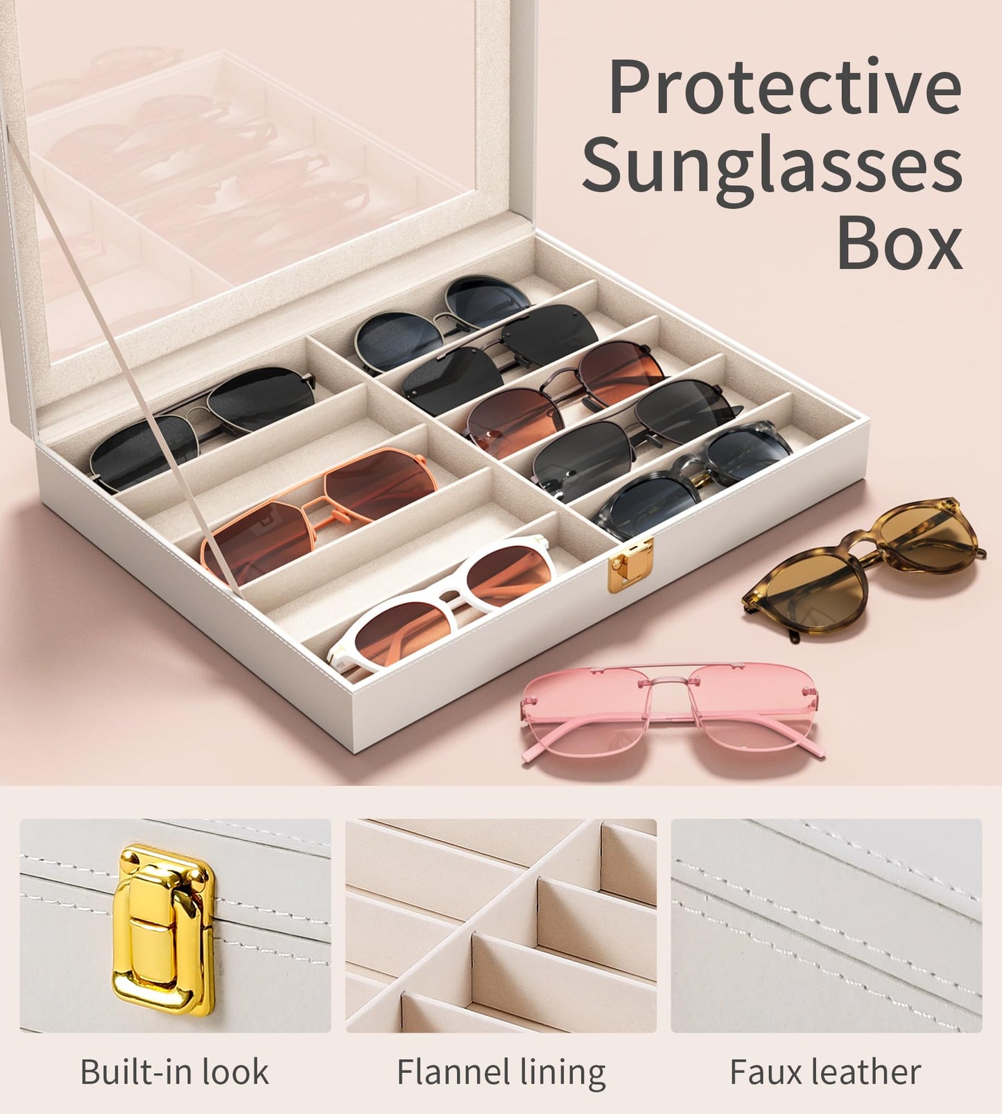 NEWLOOP Sunglass Organizer for Women Men - Multiple Pair of Sunglasses Storage Box Eye Glass Watch Leather Display Case with 10 Slots White