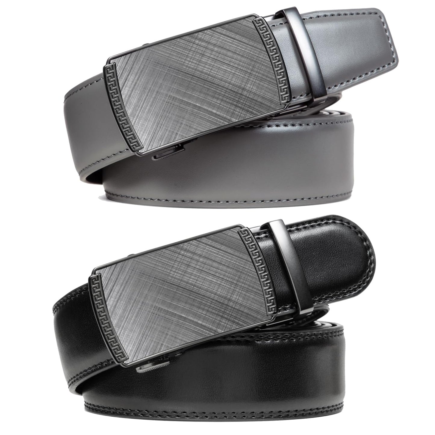 Founders & C Mens Belt 2 Pack,Leather Ratchet Click Belt Dress with Slide Buckle 1 3/8" in Gift Set Box- Size Adjustable (Black/Grey Golf Belt, 28"-42" Waist Adjustable)