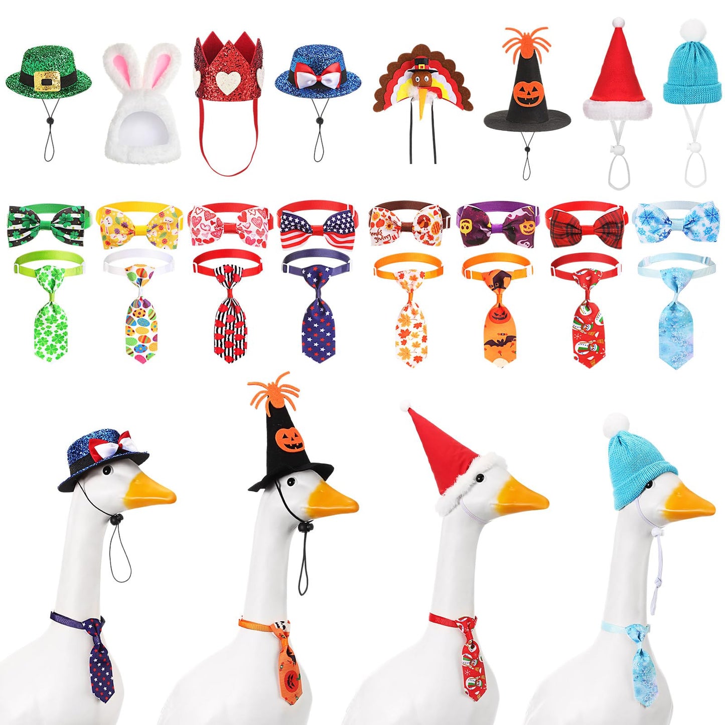 Weysat 8 Set Holiday Porch Goose Outfits All Season Holiday Bundle 4th of July Fall Halloween Christmas St. Patrick Easter Lawn Porch Geese Clothes Hat Bowtie Tie Outfit for 23" Goose Patio Yard Decor
