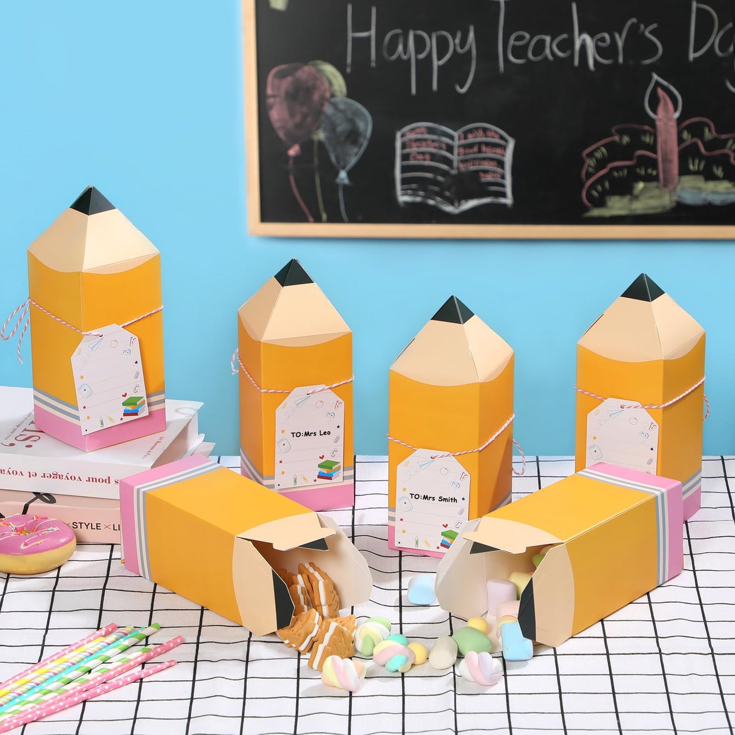 Sinasasspel 12Pcs Back to School Pencil Gift Boxes with Cards Thank You Teacher Candy Gift Boxes Pencil Treat Boxes for Teacher Appreciation School Classroom Party Favor Supplies