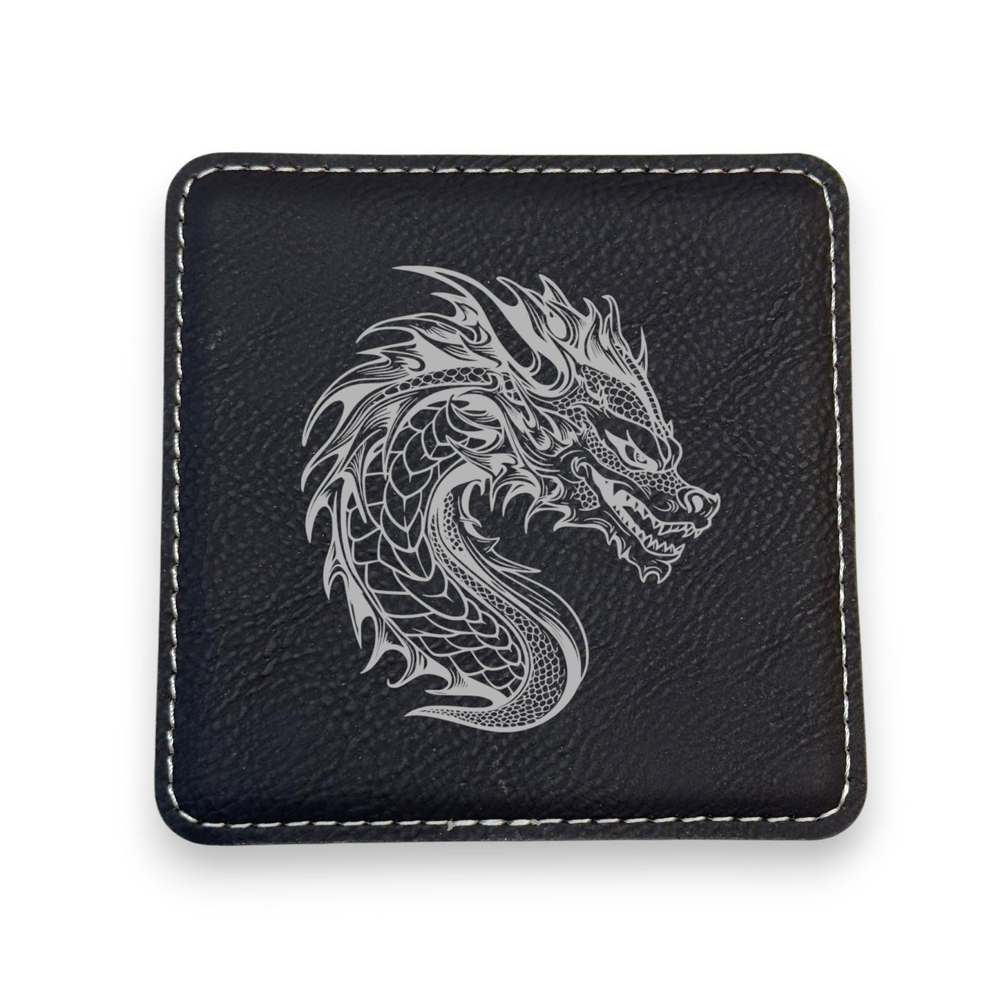 Coaster - Dragon - SET OF 2 - Leather or Stitched Cork (Black/Silver)