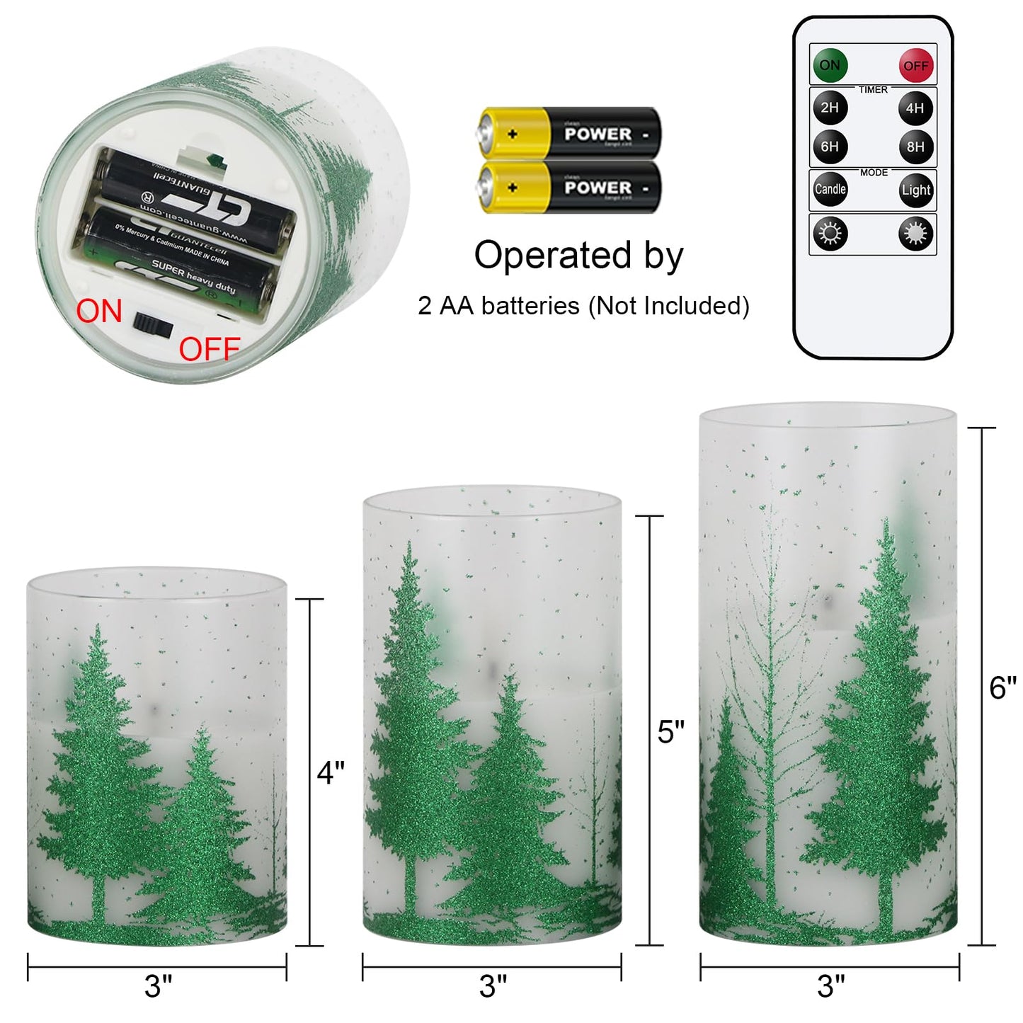 Wondise Glass Flickering Flameless Candles with Remote and Timer, Battery Operated 3D Wick LED Candles Christmas Tree for Christmas Holiday Home Decoration, Set of 3(D3 x H4,5,6 Inch)
