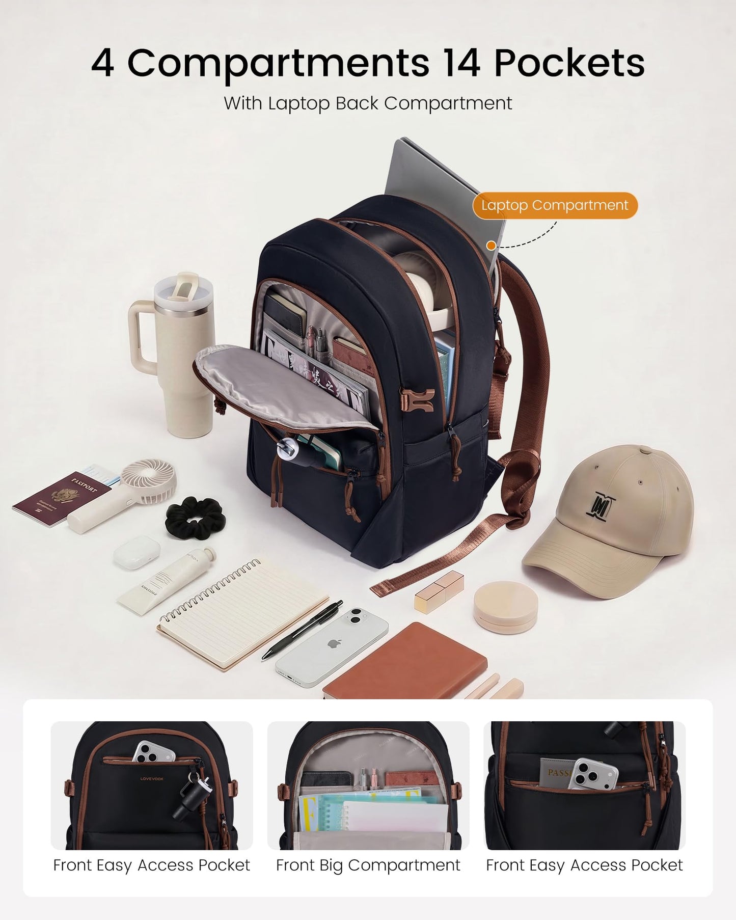 LOVEVOOK Laptop Backpack with Cute Pendant,15.6 Inch Travel Work Backpack Computer Laptop Bag with Large Cup Holder,Waterproof Nurse Teacher College Carry on Backpack Purse,Gifts for Women & Men,Black