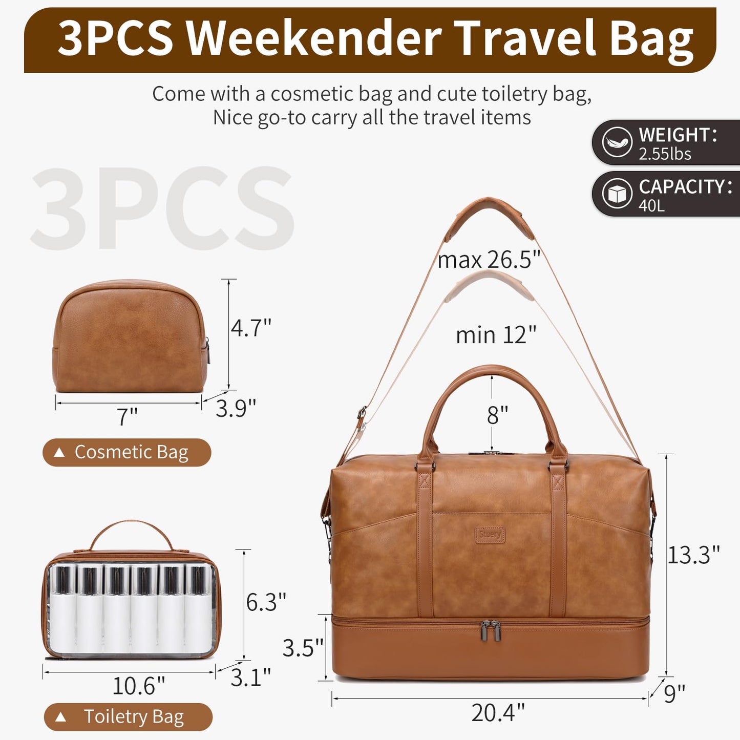 Faux Leather Weekender Bags for Women: Large Overnight Bags Travel Duffel Bag Carry On Shoulder Weekend Tote with Shoe & Laptop Compartment & Toiletry Bags for Airplane Traveling Gym, Brown