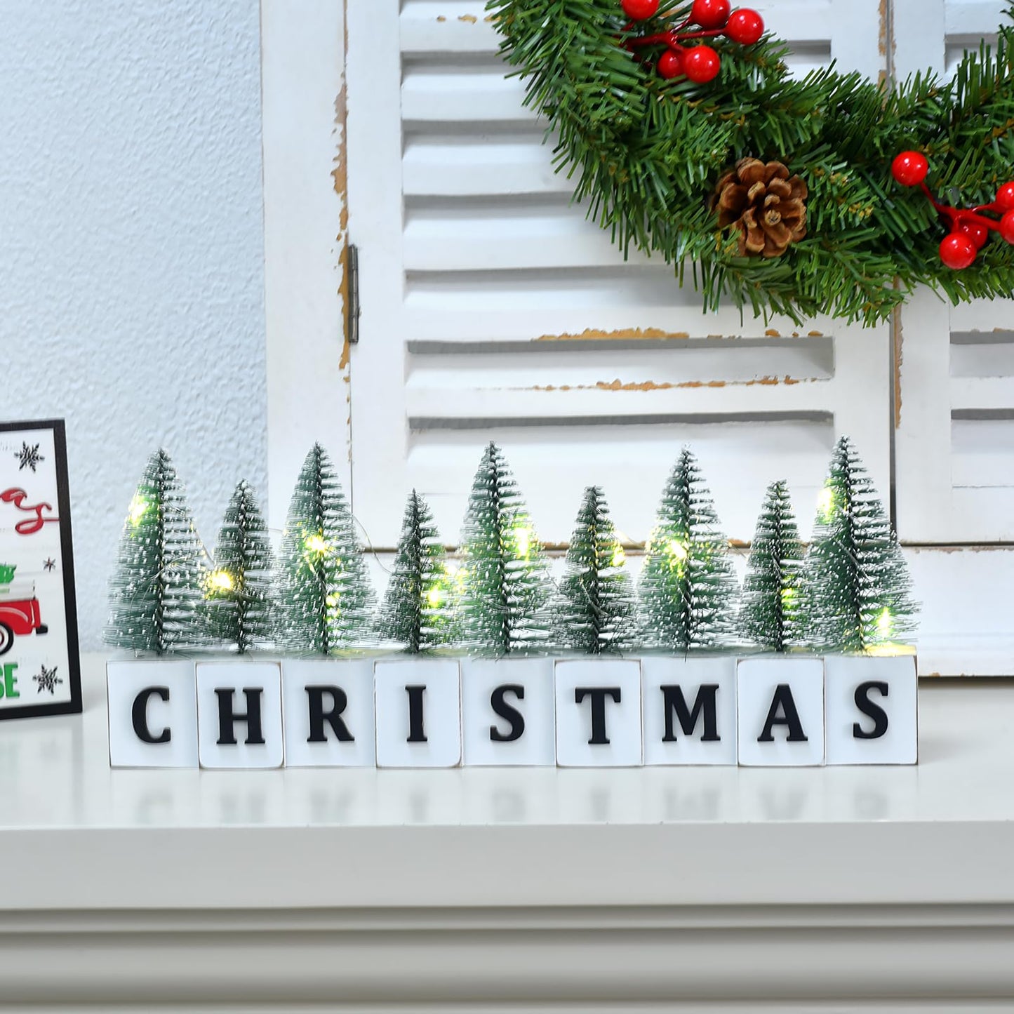 LED Lighted Christmas Tree Tabletop Decoration, Rustic Wooden Christmas Decor with Mini Trees, Xmas Sign Block Table Farmhouse Winter Holiday Centerpiece for Indoor Mantel, Shelf (Green)
