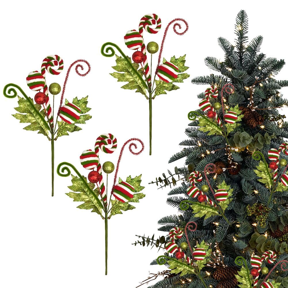 RSACCSKY 3 Pack Artificial Christmas Floral Picks Lime Green Red Berry Stems Xmas Tree Branches with Glitter Ball for Party Flower Arrangement Centerpieces (Green)