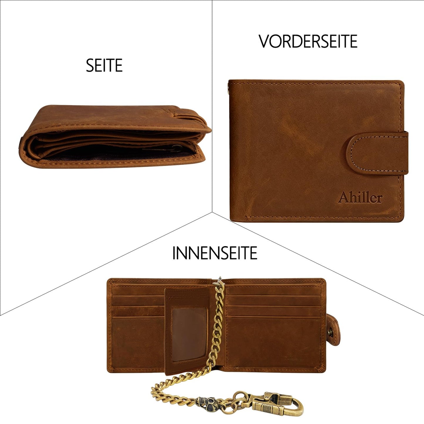 Ahiller Chain Wallet for Men,Bifold Crazy Horse Leather RFID Blocking Slim Wallets with Gift Box, 2 ID Window, 8 Cards Slots & Detachable Key Chains for Front | Back Pocket-Coffee